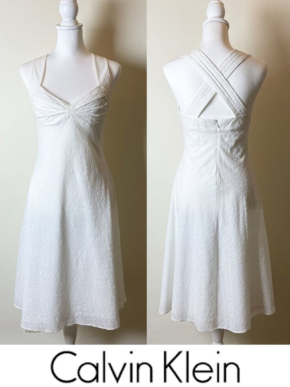 Calvin Klein White Cotton Eyelet Pin Up Style Fit & Flare Sundress Size 4